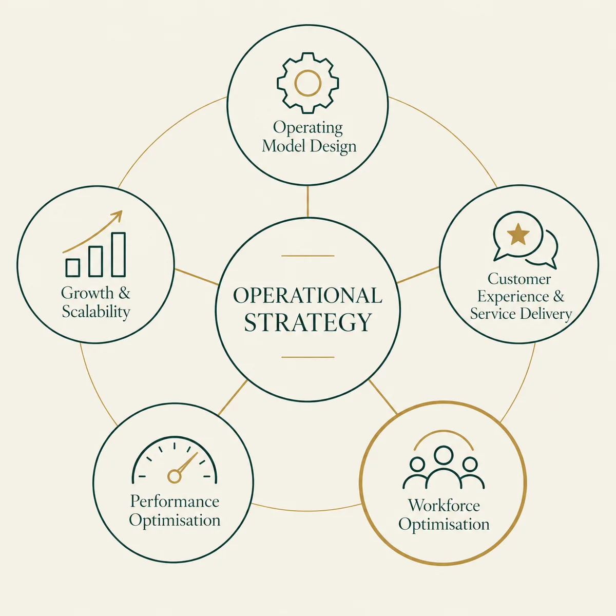 Operational Strategy: operating model design, customer experience and service delivery, workforce optimisation, performance optimisation, growth and scalability