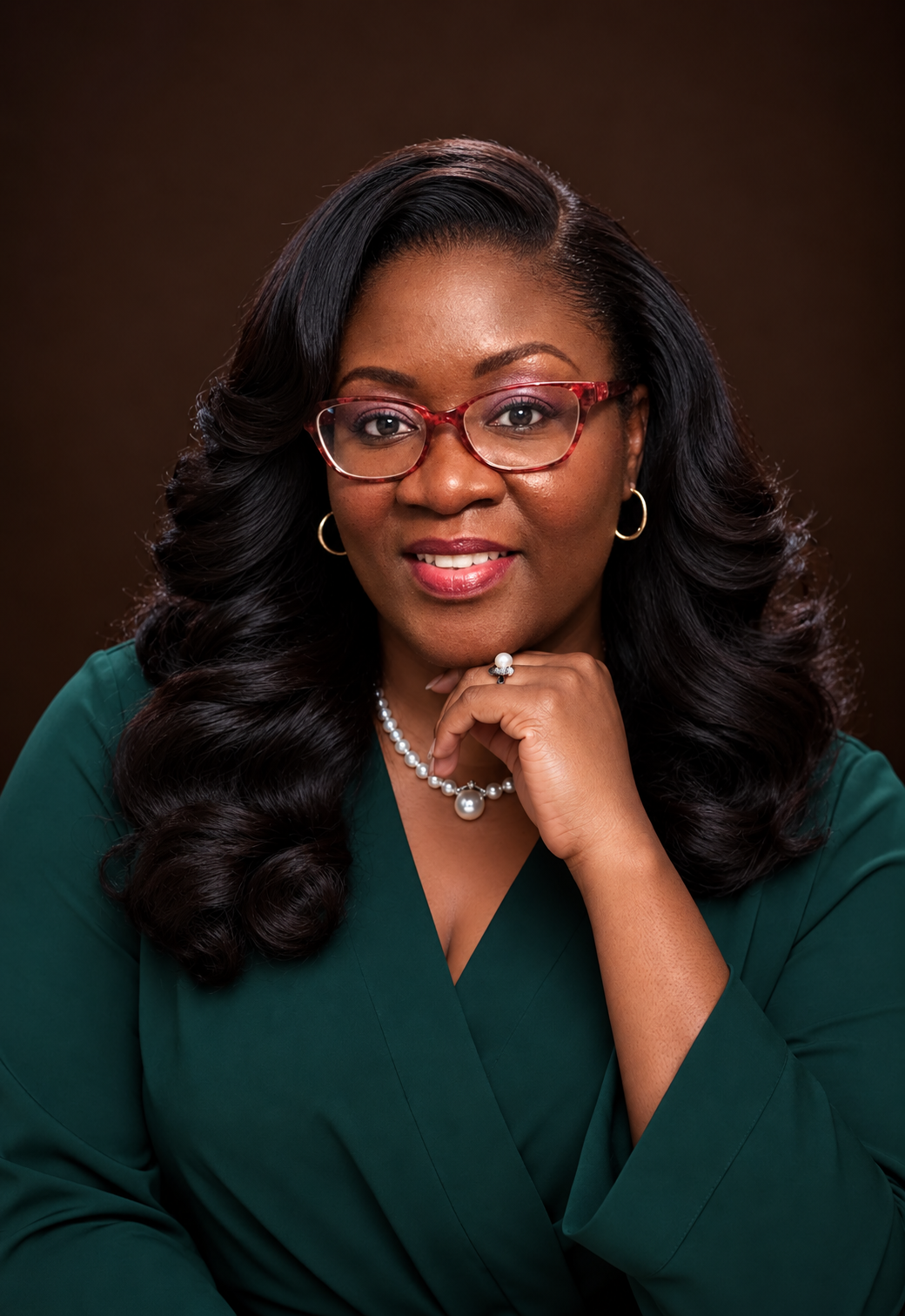 Cecilia A. Achieng, founder of Chavah Consulting, wearing an emerald green dress, pearl necklace, and red glasses against a warm brown backdrop