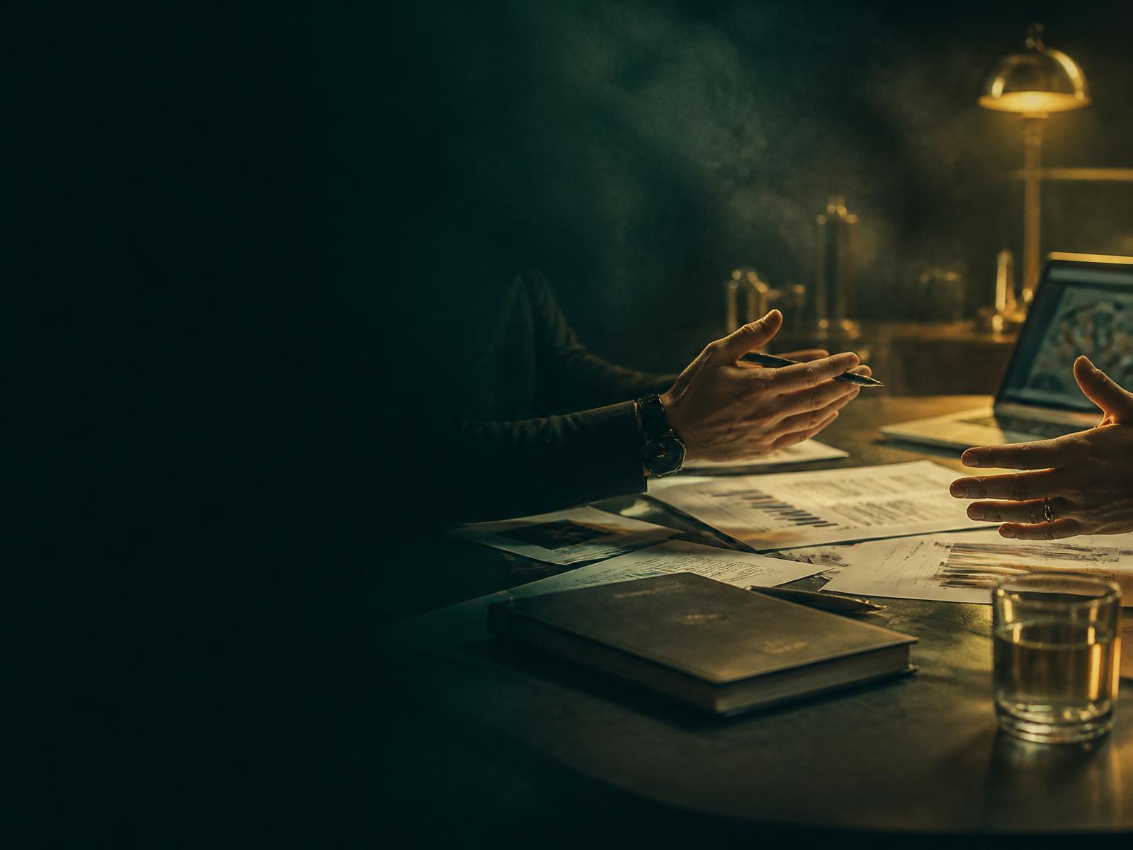 Anonymous hands gesturing over strategy documents and a laptop in a cinematic emerald and gold advisory session